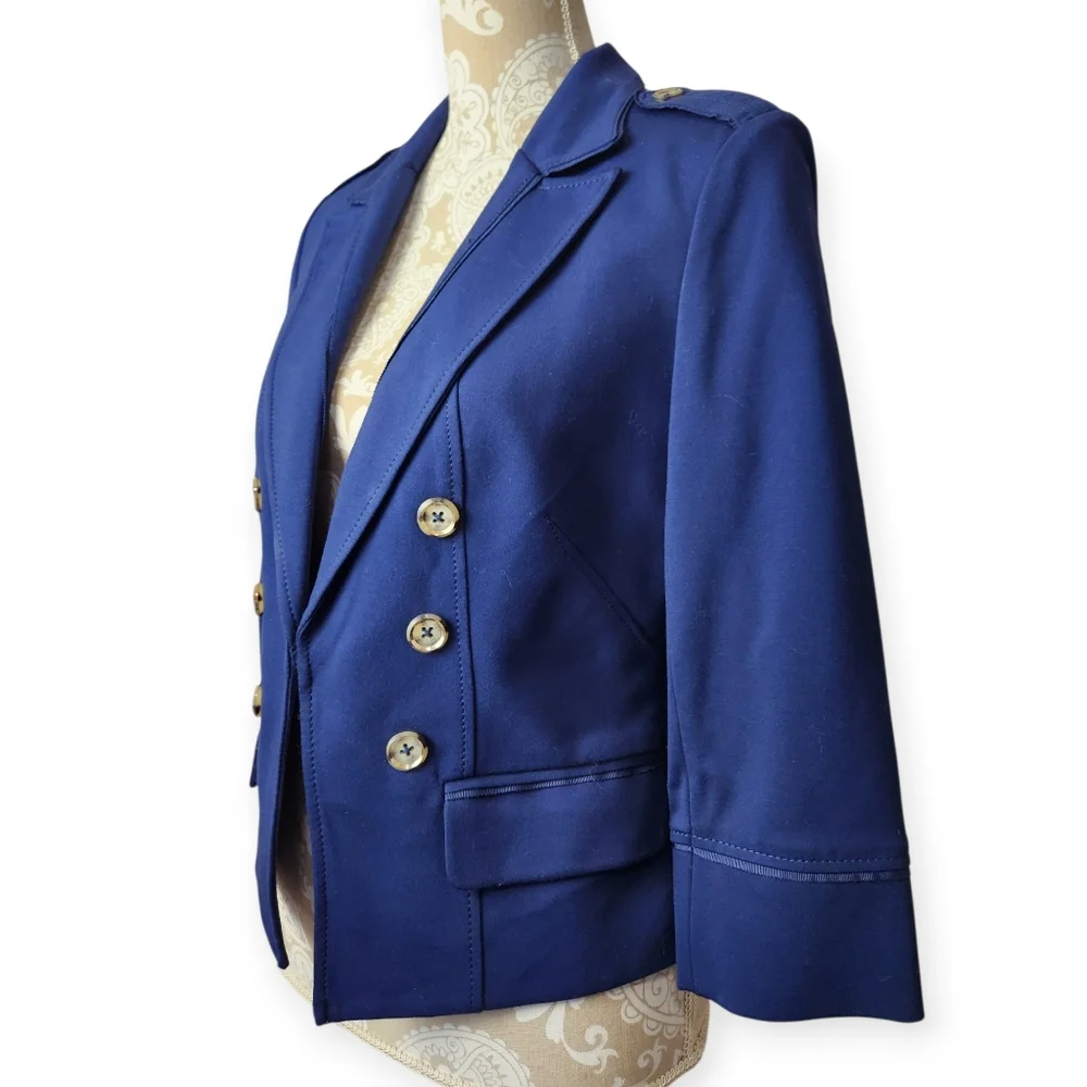 WHBM Blazer Womens Navy Nautical Beach Work Casual Stretch Coastal Blue Size 8